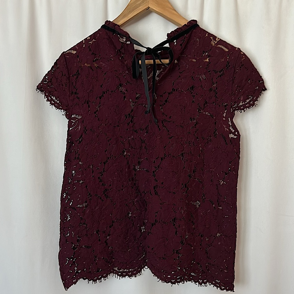 White House Black Market Wine Lace Velvet Short Sleeve Shirt Blouse Top **Sz S** - Picture 2 of 4
